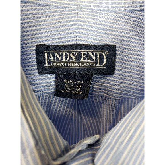 Vintage Lands End Blue Pinstripe Men Button Down Dress Shirt 16 1/2 34 - Picture 2 of 11